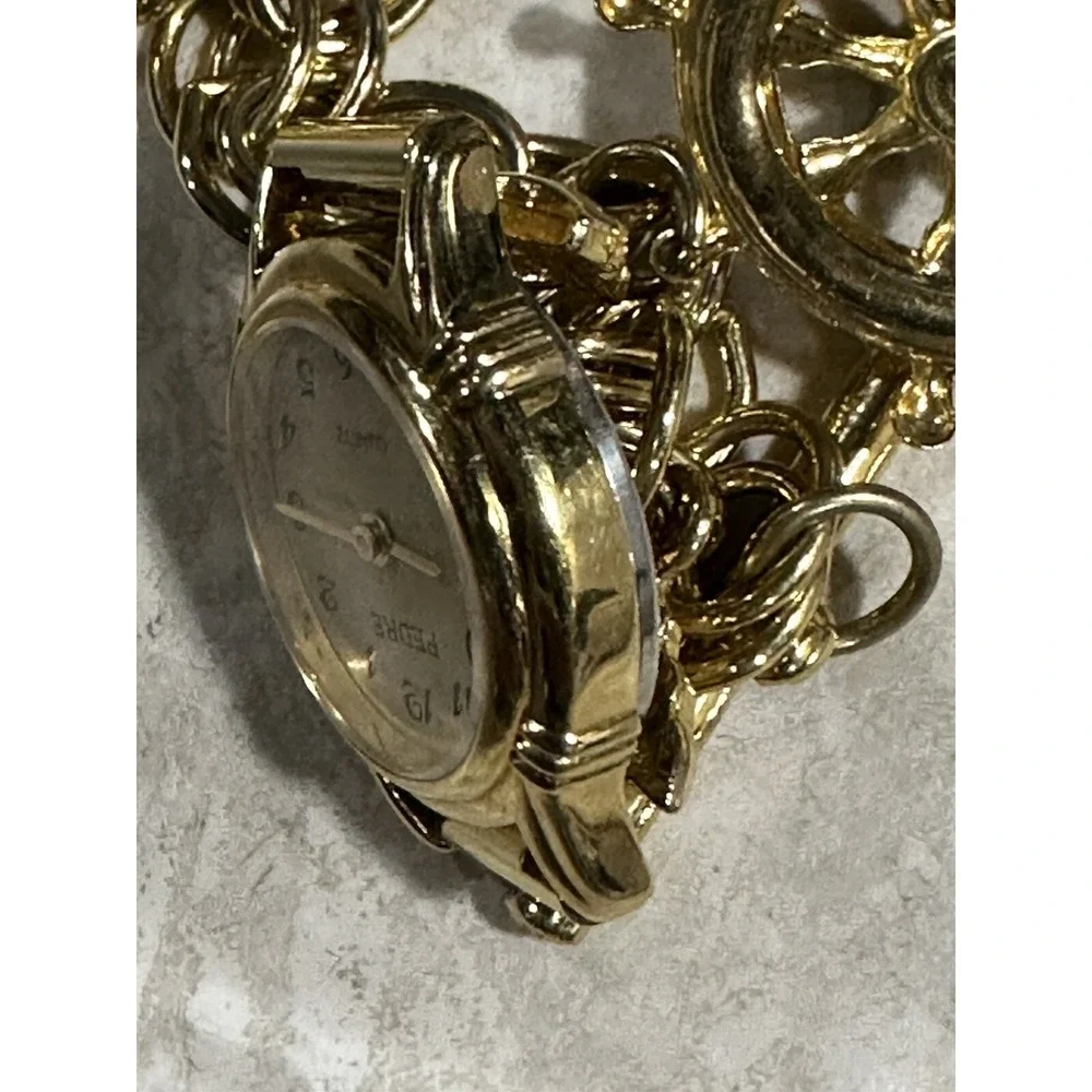 Pedre Women Round‎ Watch Gold Tone Sea Ship Charms Quartz New Battery Vintage